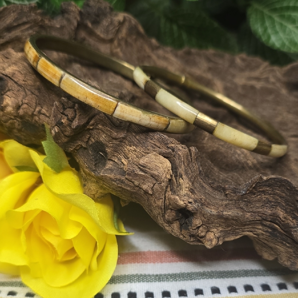 Vintage Brass & Inlaid Bone Stacking Bangle Bracelets - Set of 2